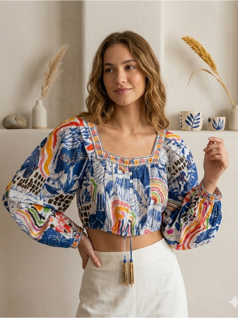Farm Rio Wild Brazil Cotton Crop Top Drawstring Button Front Multicolor NWT XS - Picture 2 of 16